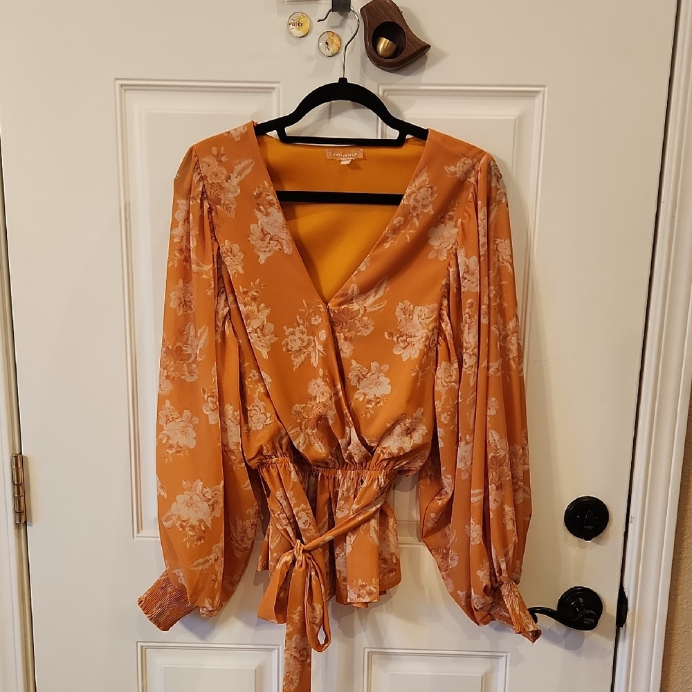 Lulu's Orange Long Sleeve Wrap Blouse